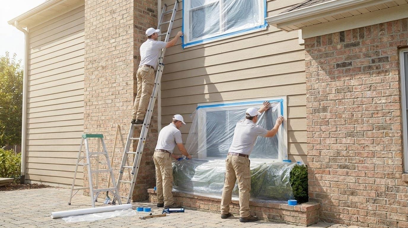 A home carefully masked and protected before painting